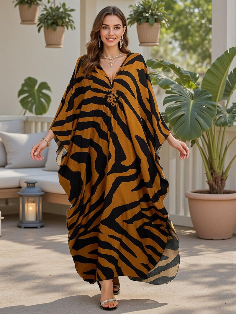 IMAGEKOPE Women's Plus Size Animal Print V-Neck Batwing Kaftan Beach Dress Bathing Suit Cover-Up Loungewear - Image 2